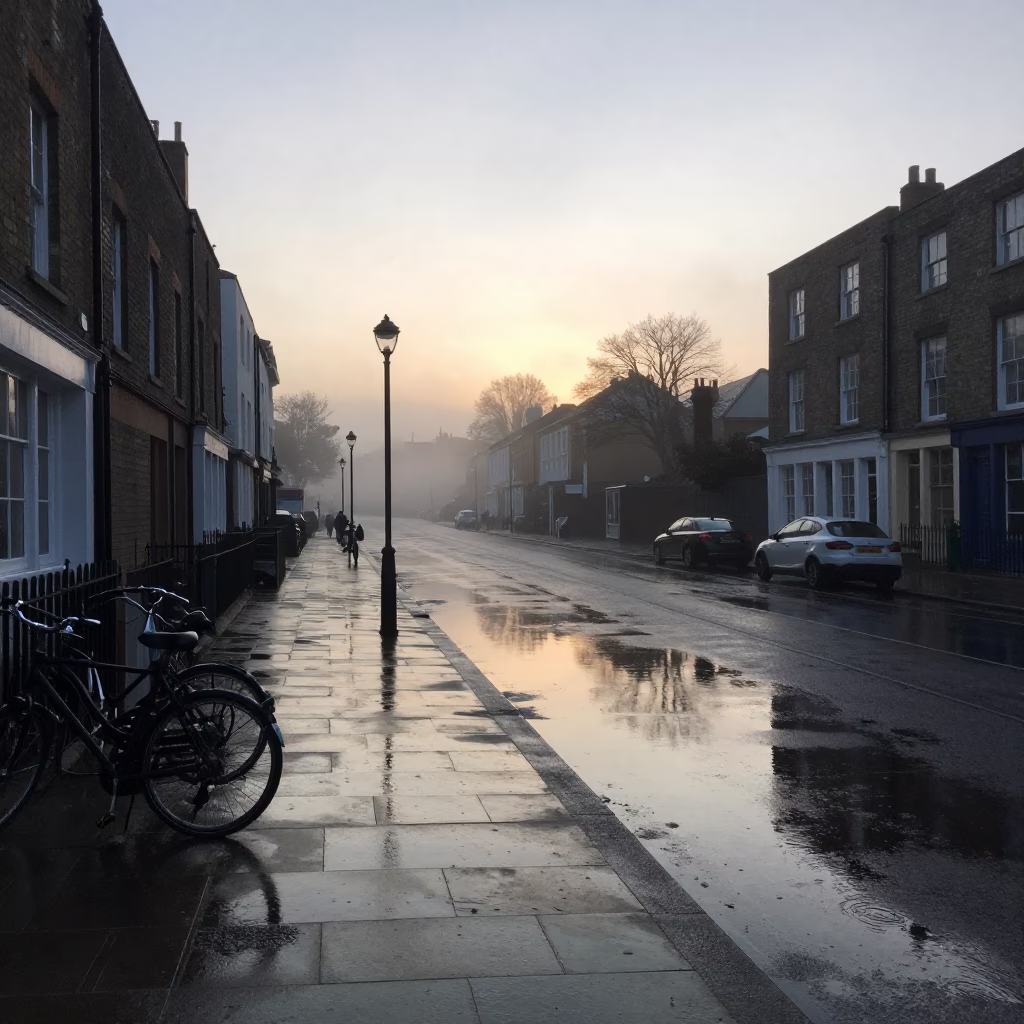 Early Morning Bristol Street Scene with Misty Reservoir Reflections and Local Commuters in in Bristol, United Kingdom