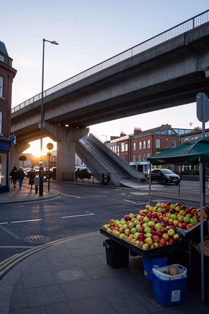 Early Morning Bristol Street Scene with Overpass Interchange and Fruit Vendor Stall in in Bristol, United Kingdom