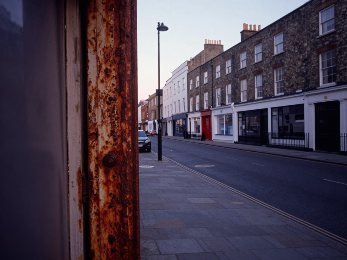 Early Morning Bristol Street Scene with Rusty Doorframe and Urban Details in in Bristol, United Kingdom