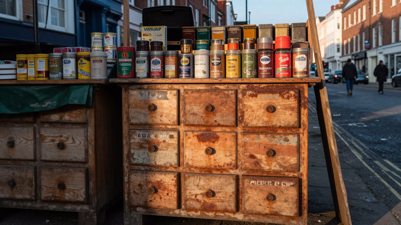 Early Morning Bristol Street Scene with Rusty Drawer and Spice Tins in in Bristol, United Kingdom