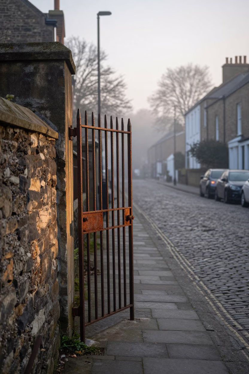 Early Morning Bristol Street Scene with Rusty Metal Gate and Wisteria in in Bristol, United Kingdom