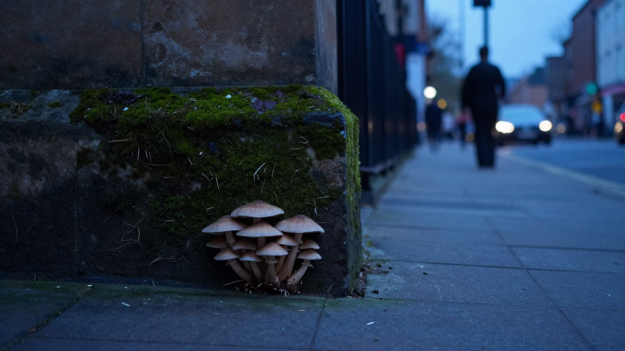 Early Morning Bristol Street Scene with Toadstools and Urban Details in in Bristol, United Kingdom