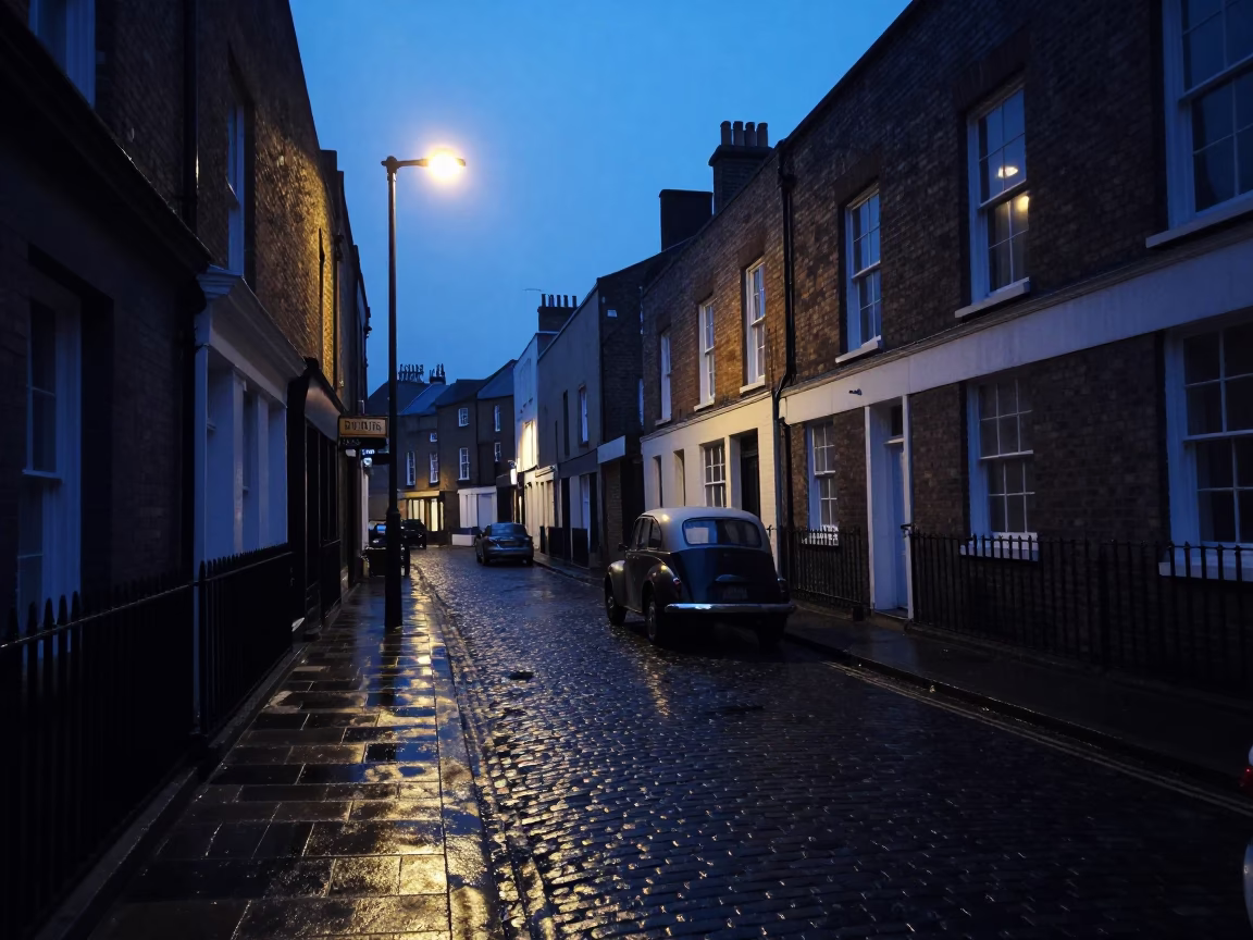 Early Morning Bristol Street Scene with Vintage Car and Cobblestone Alleyway Before Dawn in in Bristol, United Kingdom