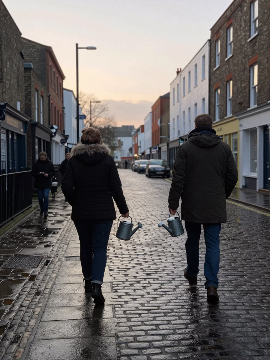 Early Morning Bristol Street Scene with Vintage Watering Jug and Glass Tumbler in in Bristol, United Kingdom