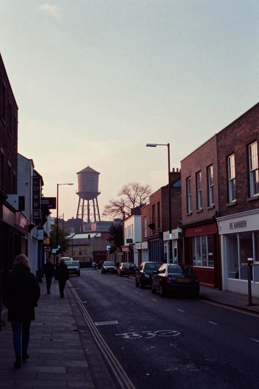 Early Morning Bristol Street Scene with Water Tower and Urban Life in in Bristol, United Kingdom