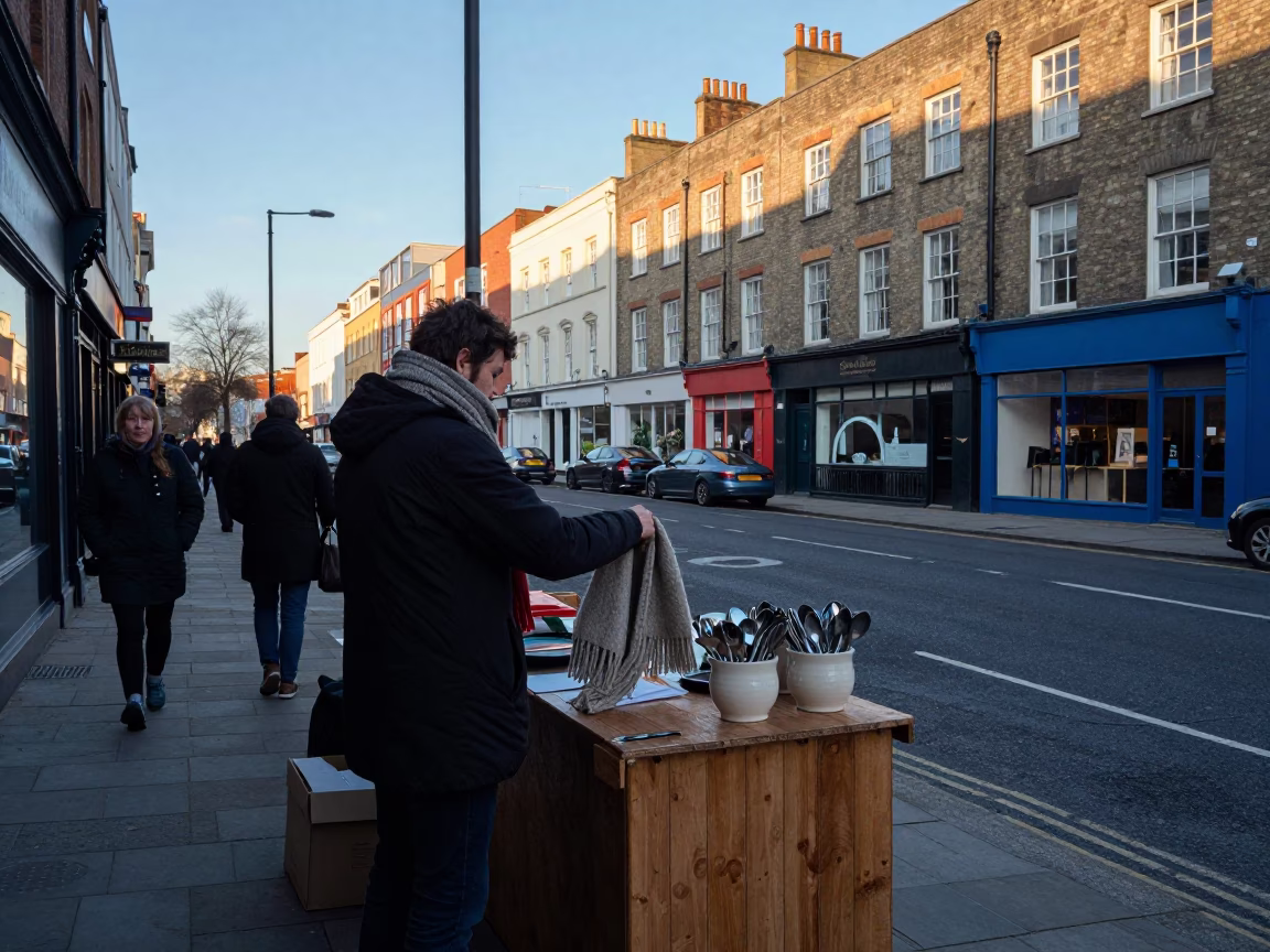 Early Morning Bristol Street Scene With Wool Scarves And Vintage Details in in Bristol, United Kingdom