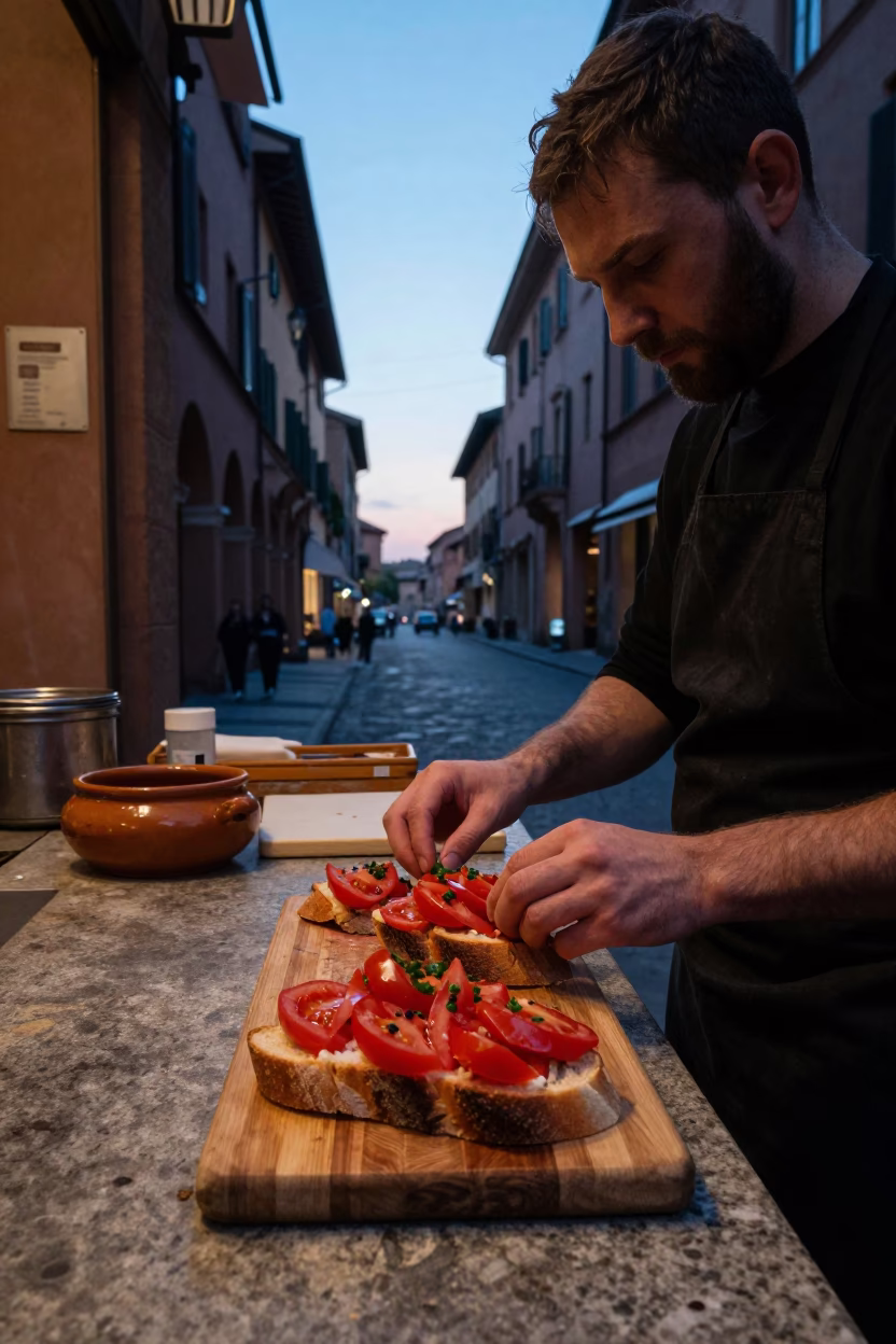 Early Morning Bruschetta and Clay Pot in Bologna Italy Pre-Sunrise Street Scene in in Bologna, Italy