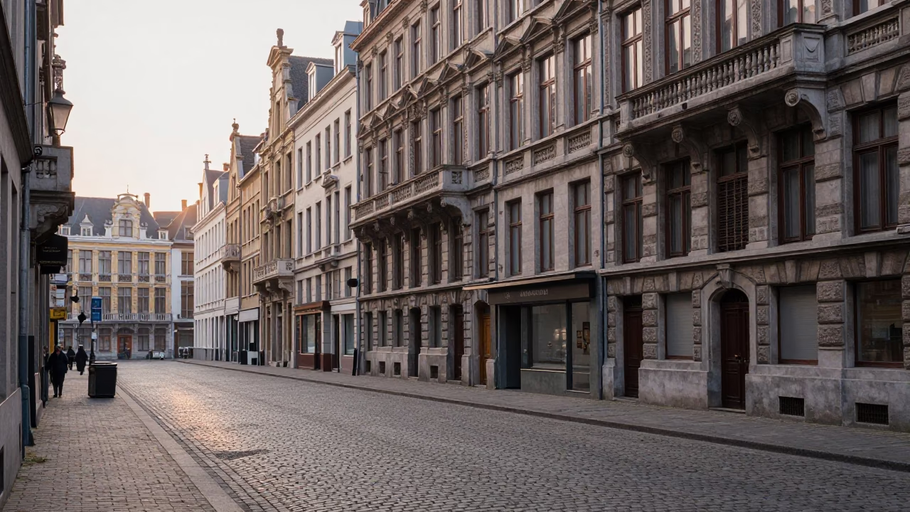 Early Morning Brussels Belgium Street Scene with Vintage 1950s Architecture and Cobblestone Road in in Brussels, Belgium