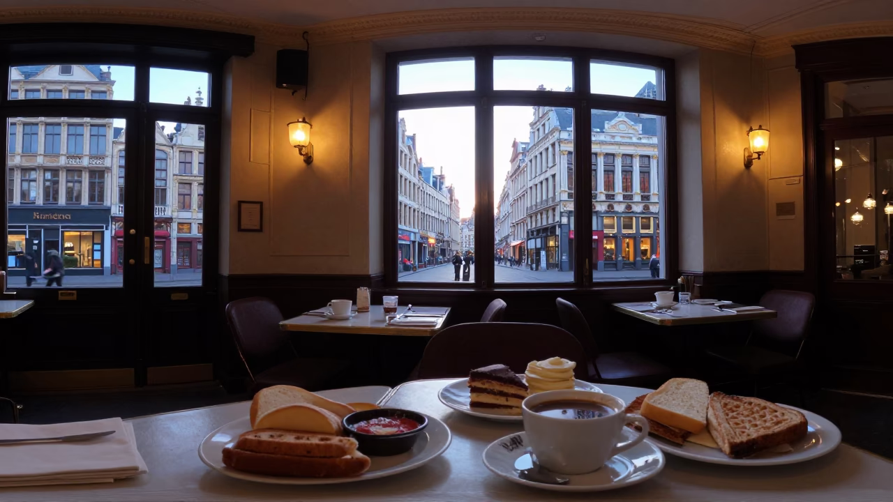 Early Morning Brussels Cafe Scene with Breakfast and Coffee Before Sunrise in in Brussels, Belgium
