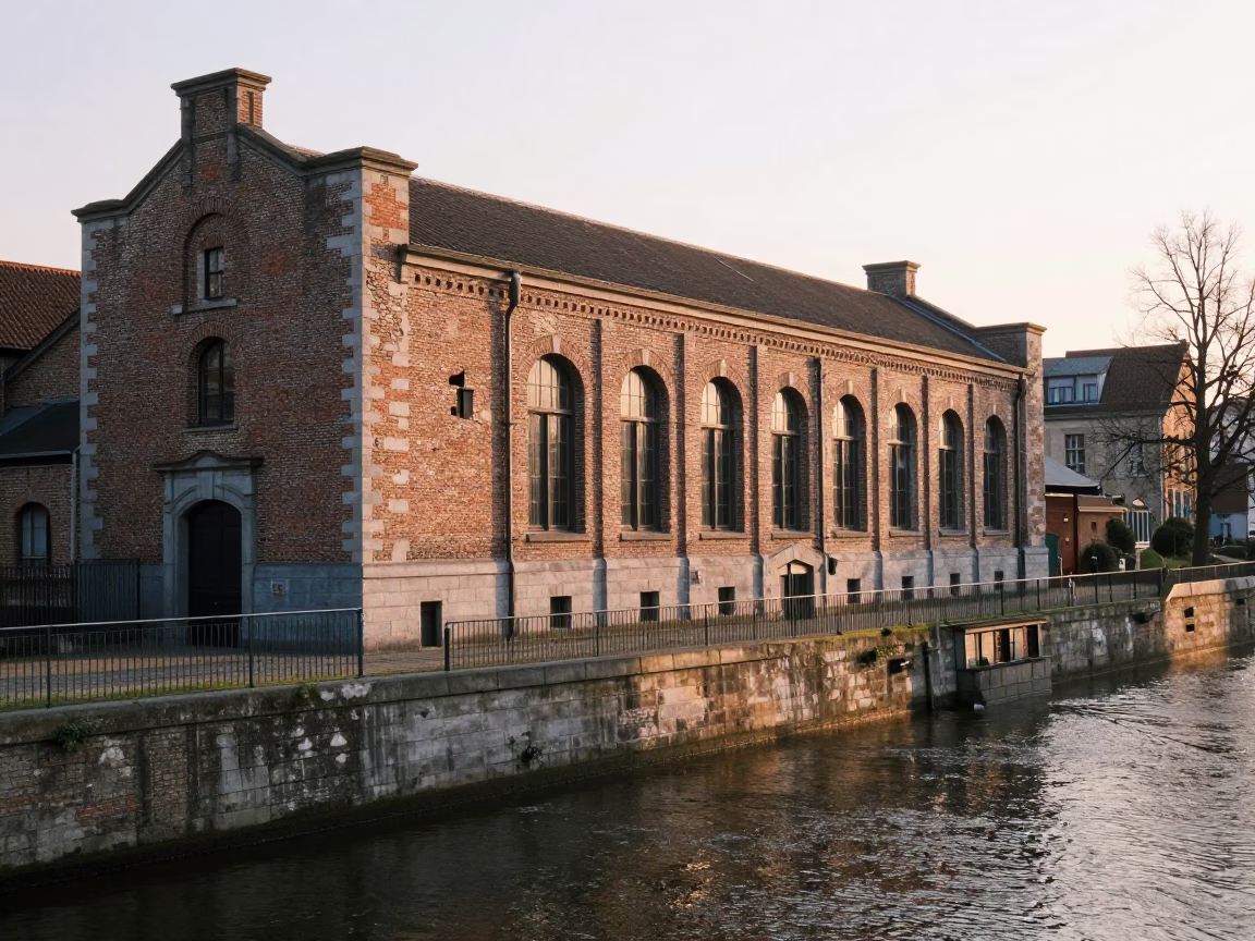 Early Morning Brussels Canal Pumping Station and Historic Brick Architecture in in Brussels, Belgium