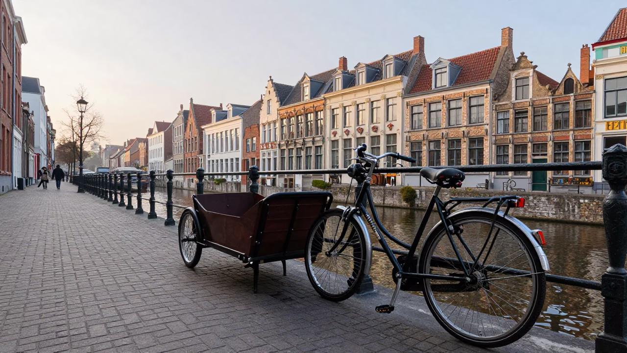 Early Morning Brussels Canal Street Scene with Vintage Cargo Bicycle and Local Market Details in in Brussels, Belgium