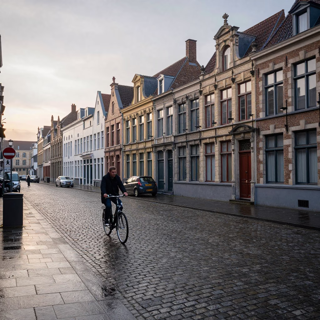Early Morning Brussels Cobblestone Street Scene with Bicycle and Historic Architecture in in Brussels, Belgium