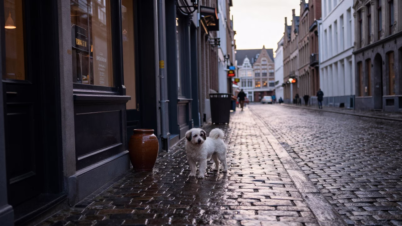 Early Morning Brussels Cobblestone Street Scene with Jar and Coton de Tulear Dog in in Brussels, Belgium