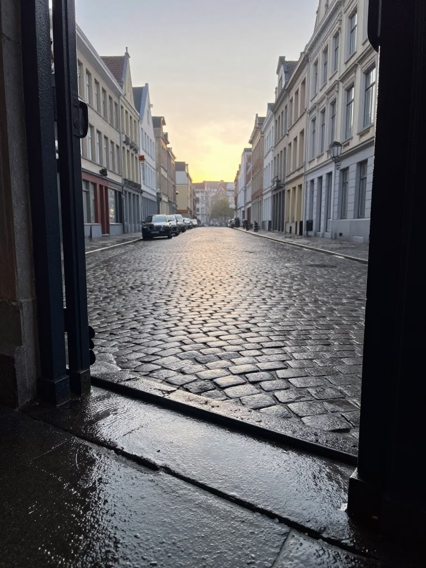 Early Morning Brussels Cobblestone Street with Condensation on Doorframe and Quiet Urban Atmosphere in in Brussels, Belgium
