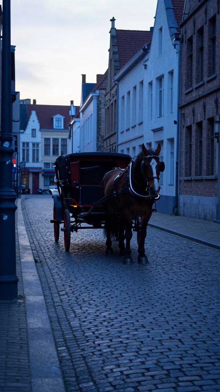 Early Morning Brussels Cobblestone Street with Horse-Drawn Cart Before Sunrise in in Brussels, Belgium