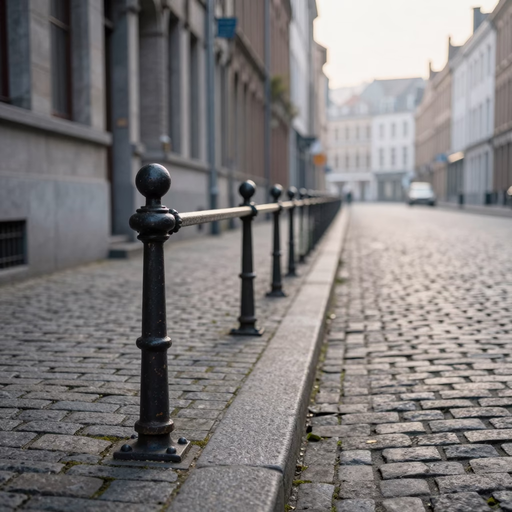 Early Morning Brussels Cobblestone Street with Vintage Peg Rail and Fruit Crate in in Brussels, Belgium