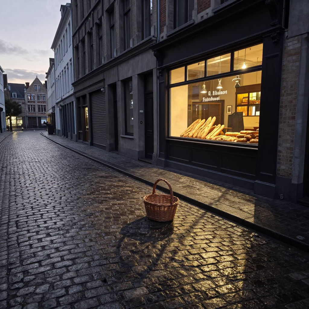 Early Morning Brussels Cobblestone Street with Wicker Basket Shadow and Local Bakery Display in in Brussels, Belgium
