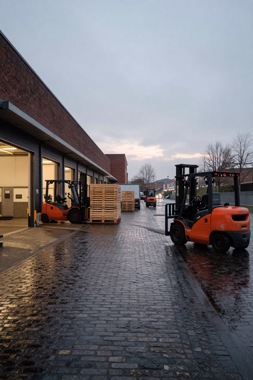 Early Morning Brussels Loading Dock Scene with Forklifts and Pallets at Dawn in in Brussels, Belgium