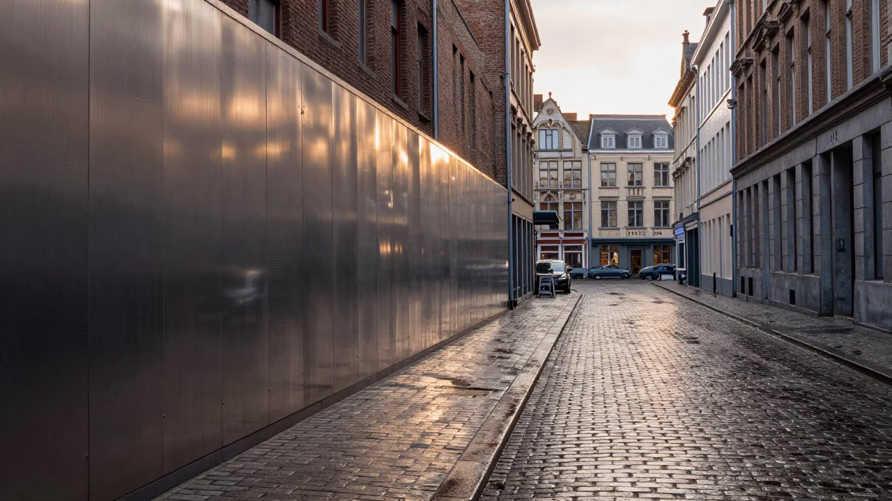 Early Morning Brussels Street Scene with Brushed Steel Wall and Railway Signal Cabin in in Brussels, Belgium