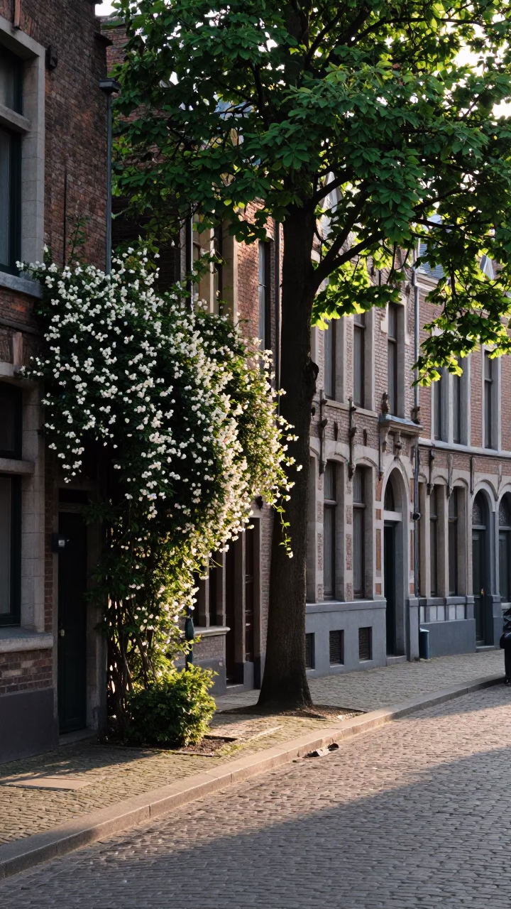 Early Morning Brussels Street Scene with Climbing Jasmine and Tree in in Brussels, Belgium