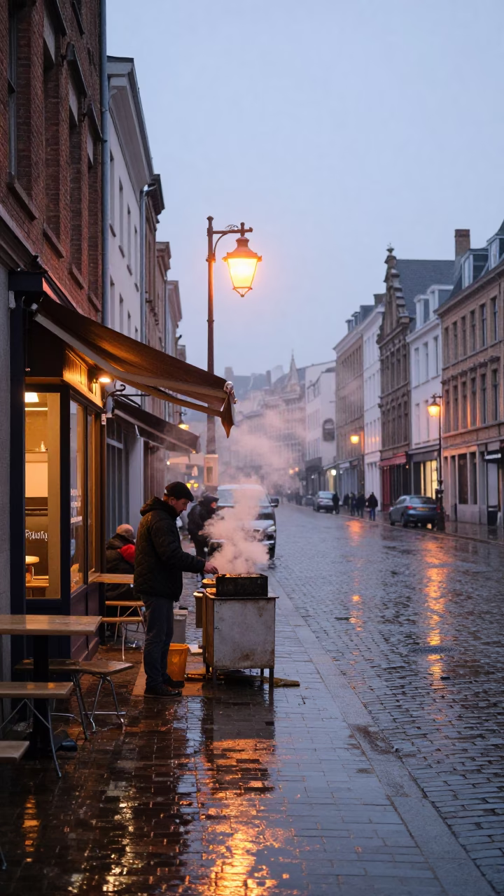Early Morning Brussels Street Scene with Coffee Shop and Kebab Grill in in Brussels, Belgium