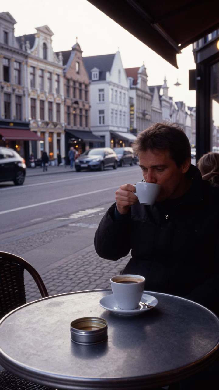 Early Morning Brussels Street Scene with Coffee Tin and Hummus Spread in in Brussels, Belgium