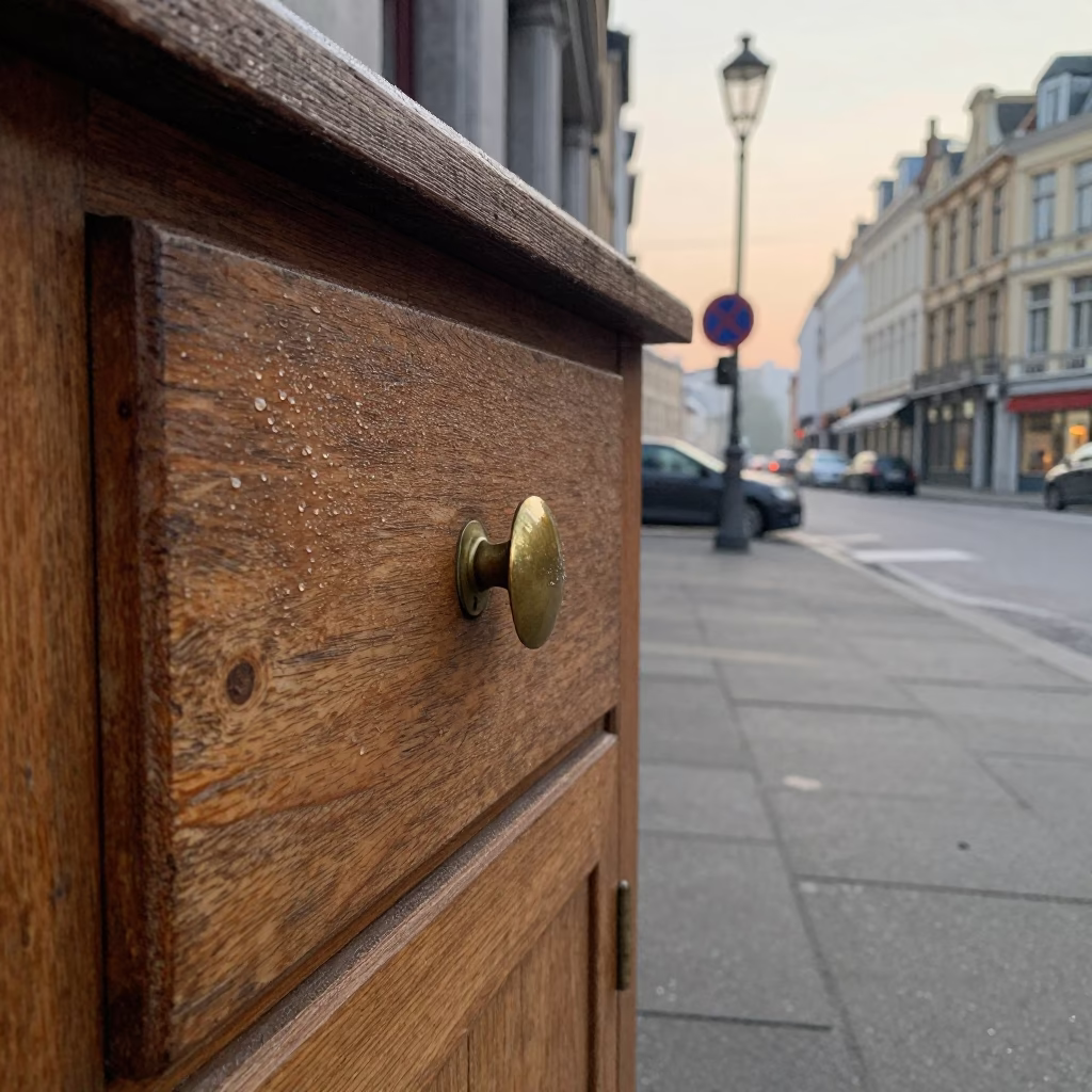 Early Morning Brussels Street Scene with Condensation on Drawer Pull and Paint Flecks in in Brussels, Belgium