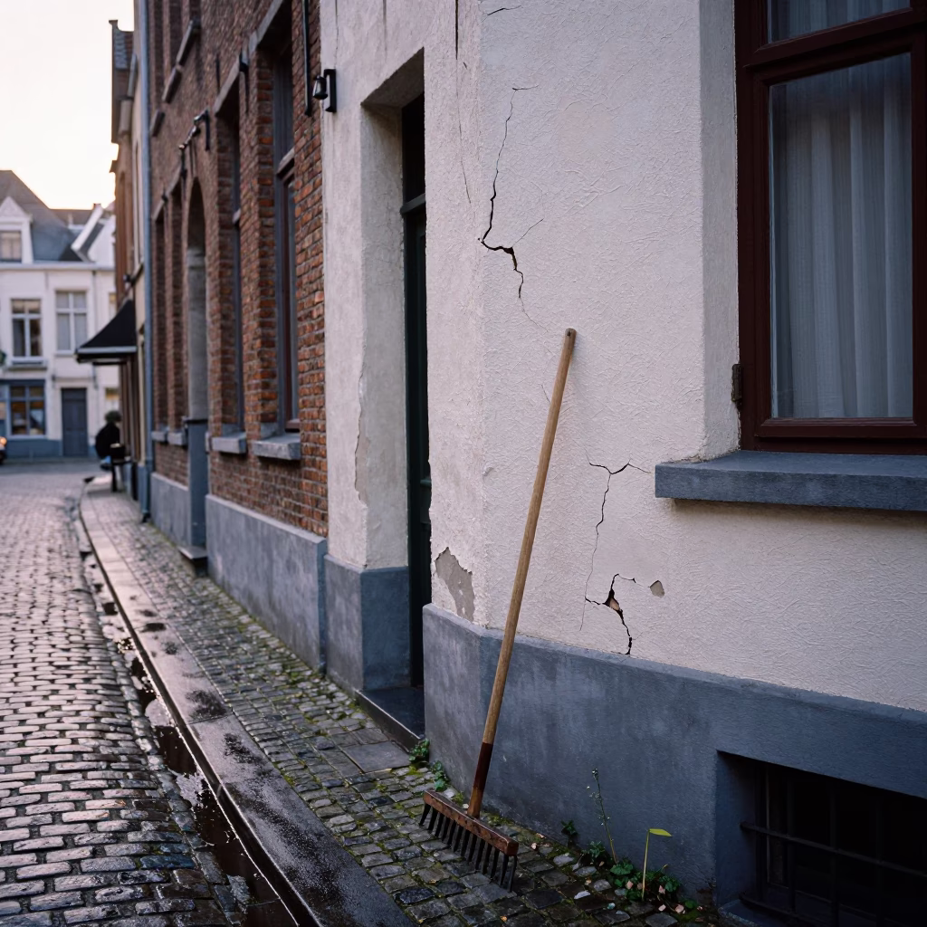 Early Morning Brussels Street Scene with Cracked Stucco and Canal Pumping Station in in Brussels, Belgium