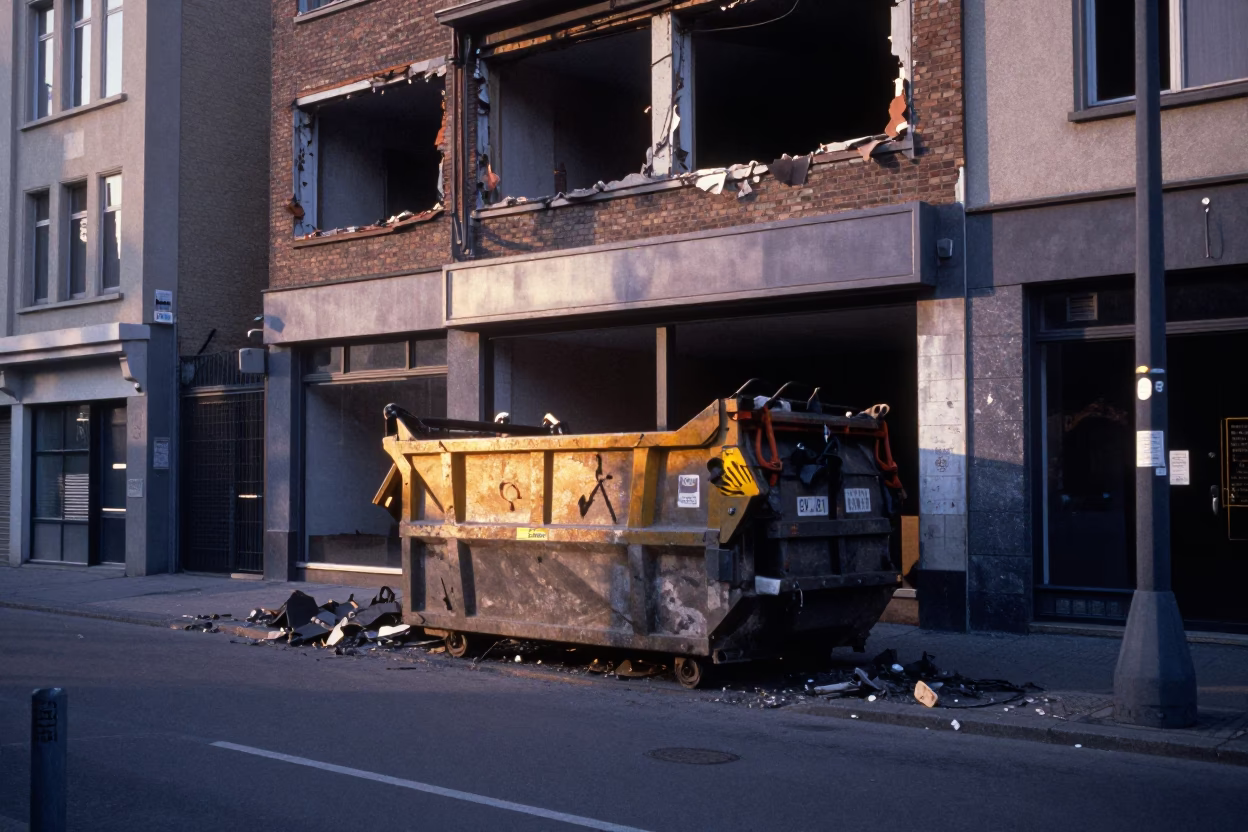 Early Morning Brussels Street Scene with Demolition Dumpster and Pigeons in in Brussels, Belgium