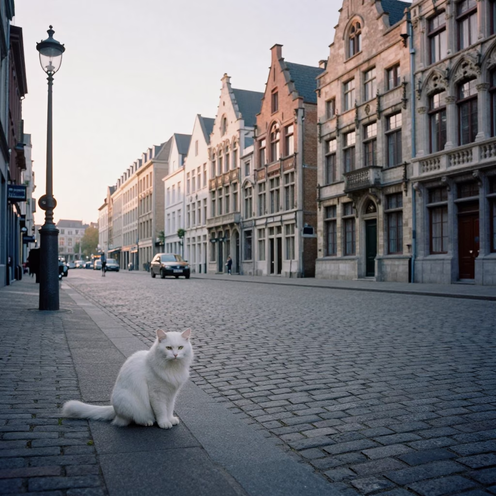 Early Morning Brussels Street Scene with LaPerm Cat and School Attendance Sheet in in Brussels, Belgium