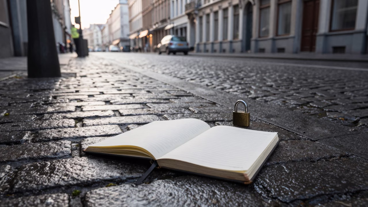 Early Morning Brussels Street Scene with Notebook and Padlock on Cobblestone in in Brussels, Belgium
