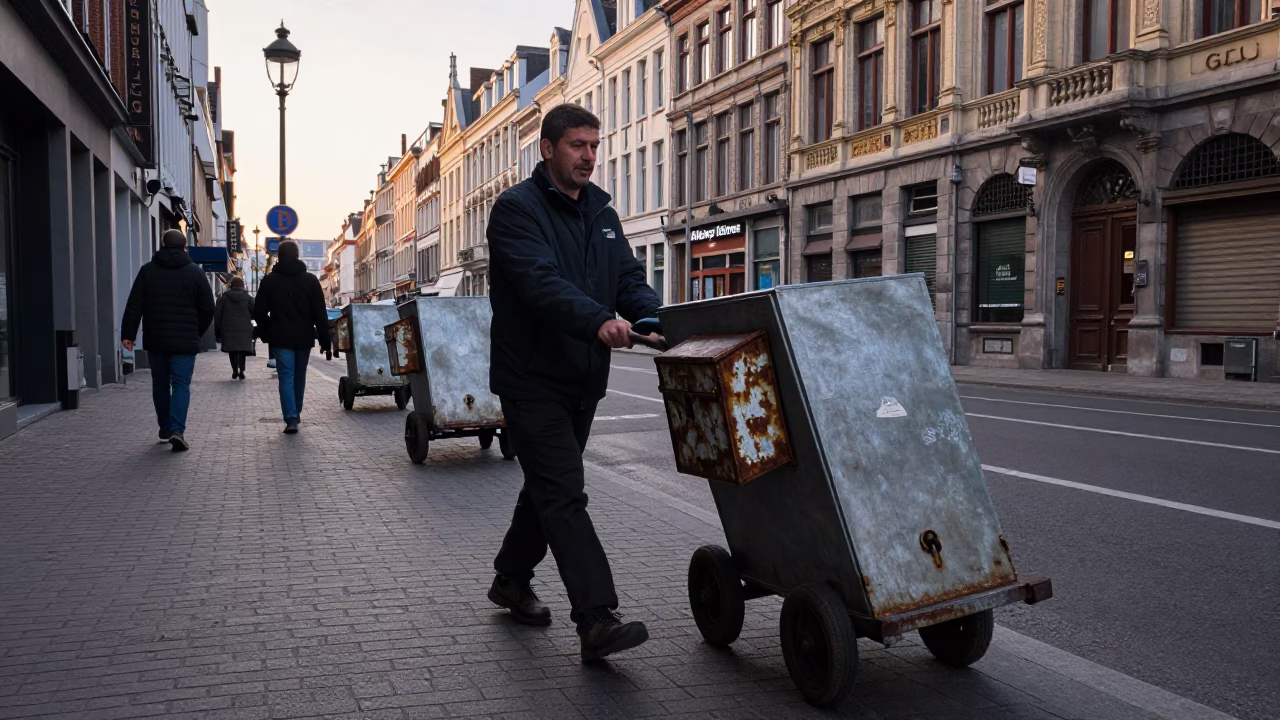 Early Morning Brussels Street Scene with Rolling Carts and Lockbox in in Brussels, Belgium