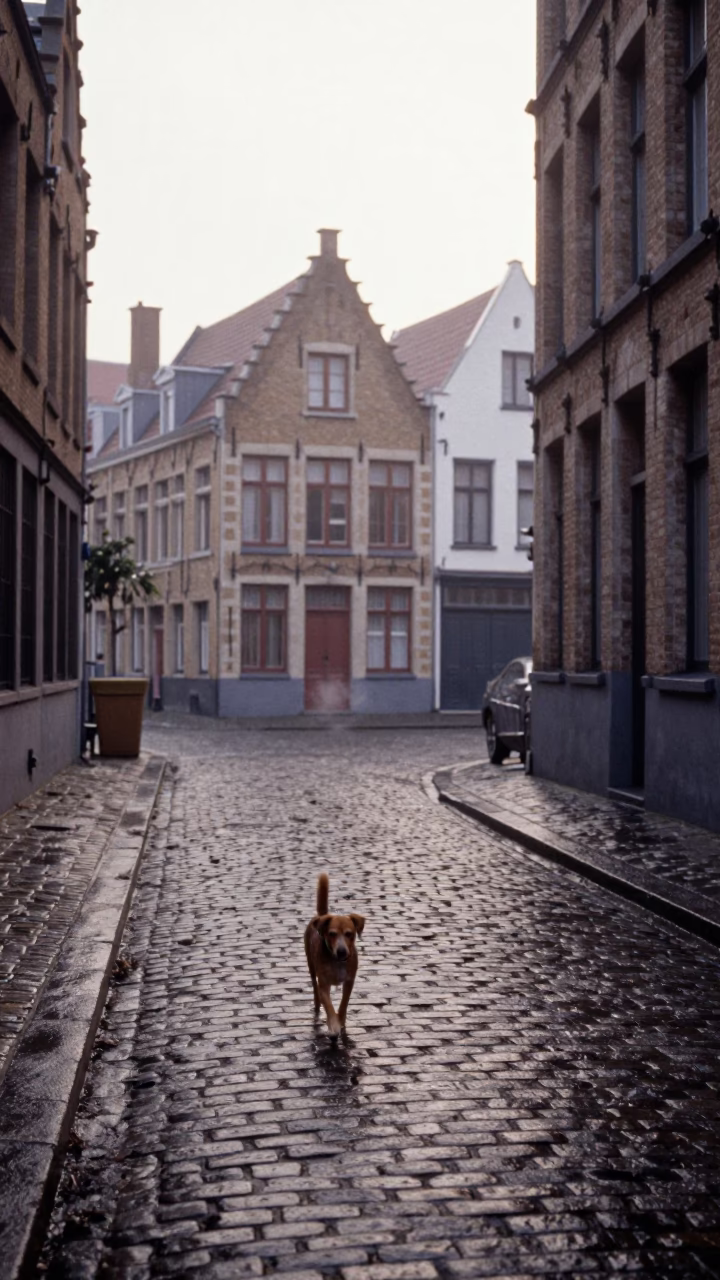 Early Morning Brussels Street Scene with Small Dog and Cobblestones in in Brussels, Belgium