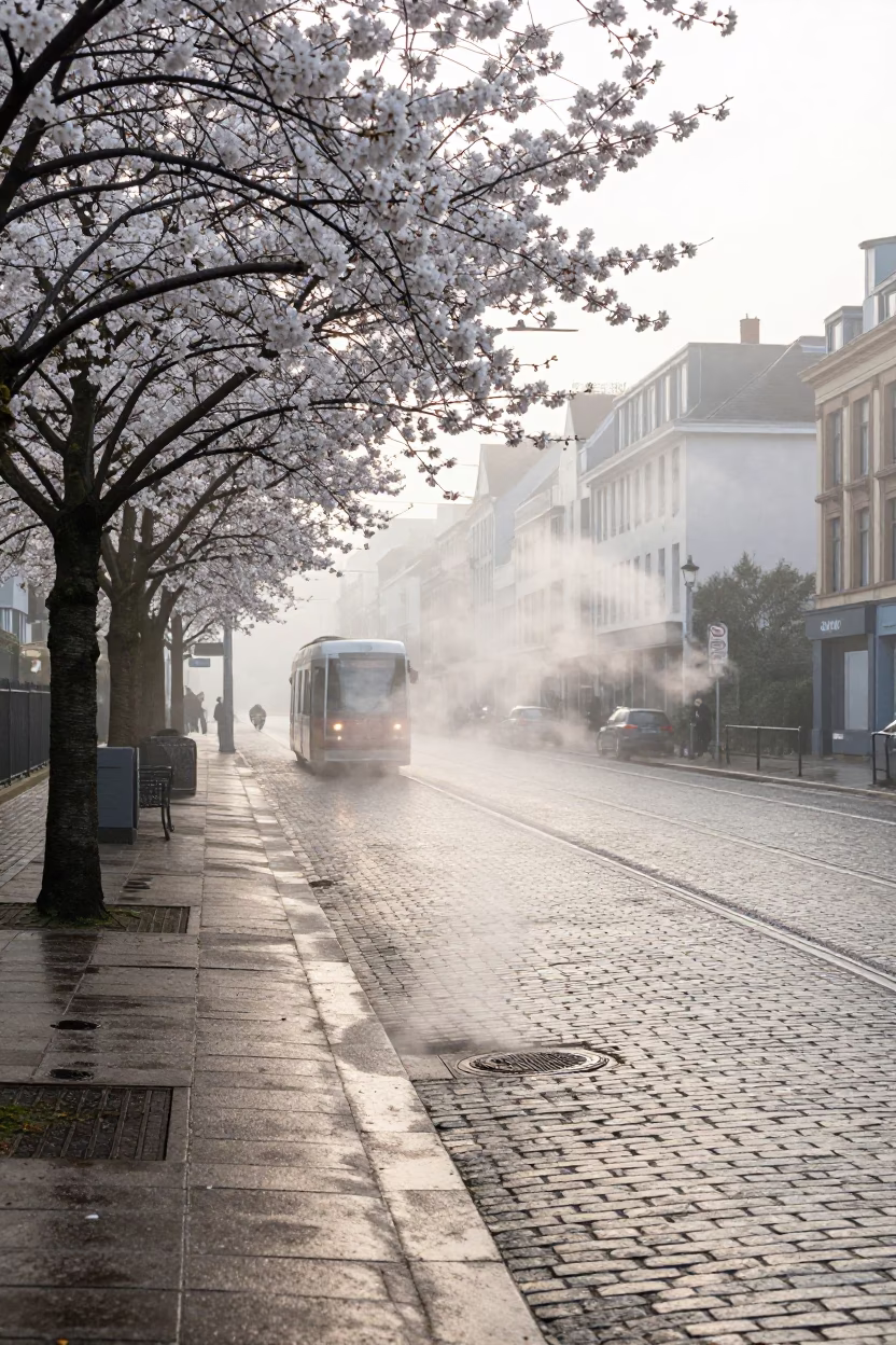 Early Morning Brussels Street Scene with Steam and Cherry Blossoms in in Brussels, Belgium