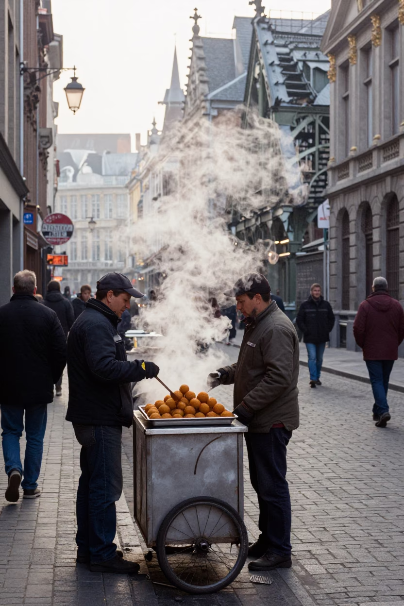 Early Morning Brussels Street Scene with Steam and Steel Infrastructure in in Brussels, Belgium