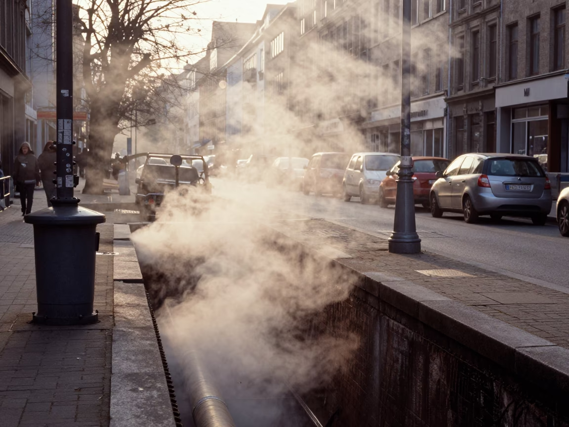 Early Morning Brussels Street Scene with Steaming District Heating Pipes and Autumn Leaves in in Brussels, Belgium