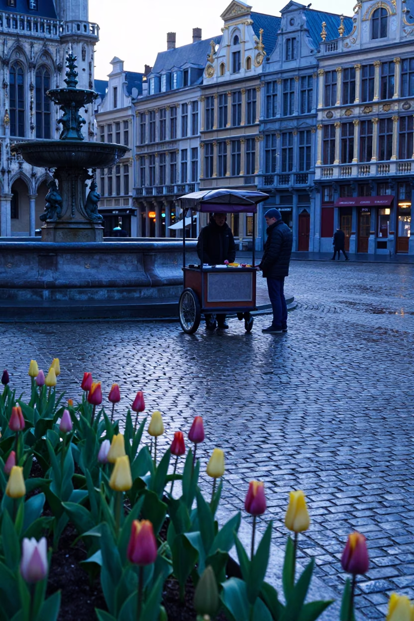 Early Morning Brussels Street Scene with Tulips and Cobblestones Before Sunrise in in Brussels, Belgium