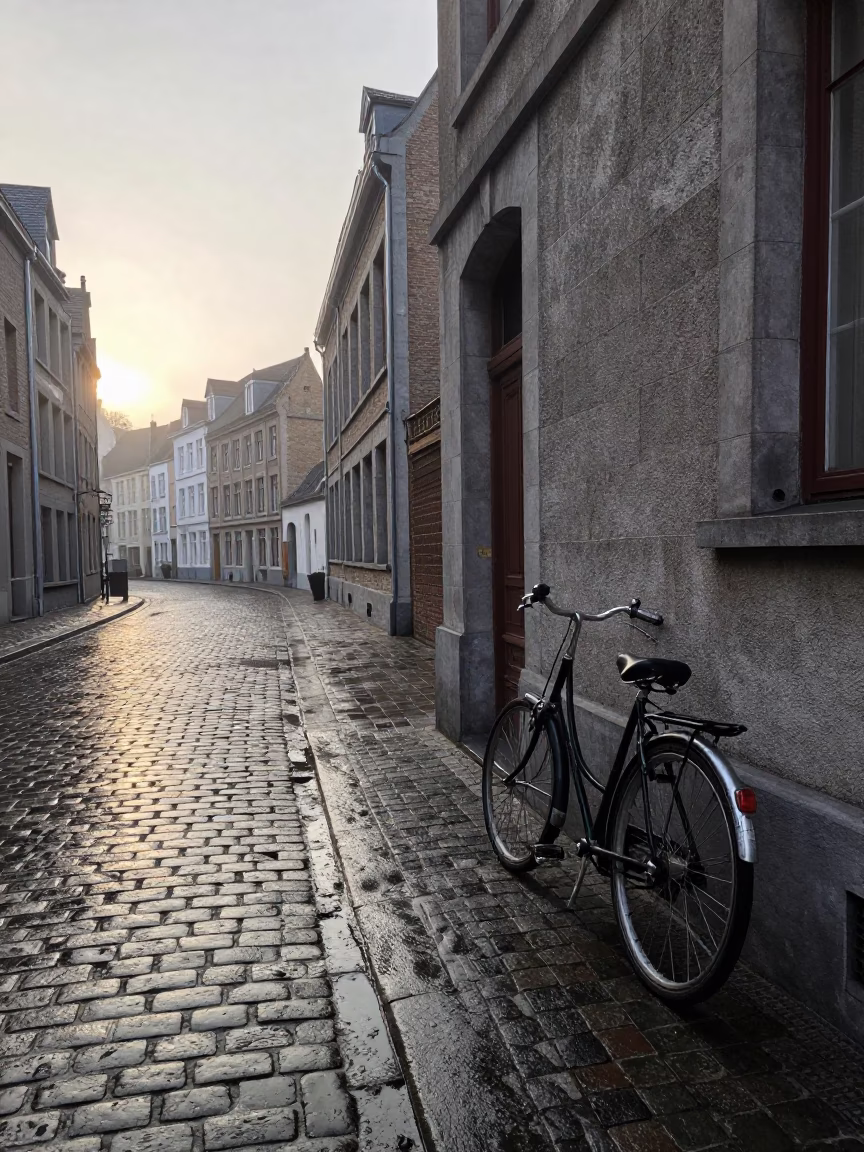 Early Morning Brussels Street Scene with Vintage Bicycle and Lockbox in in Brussels, Belgium