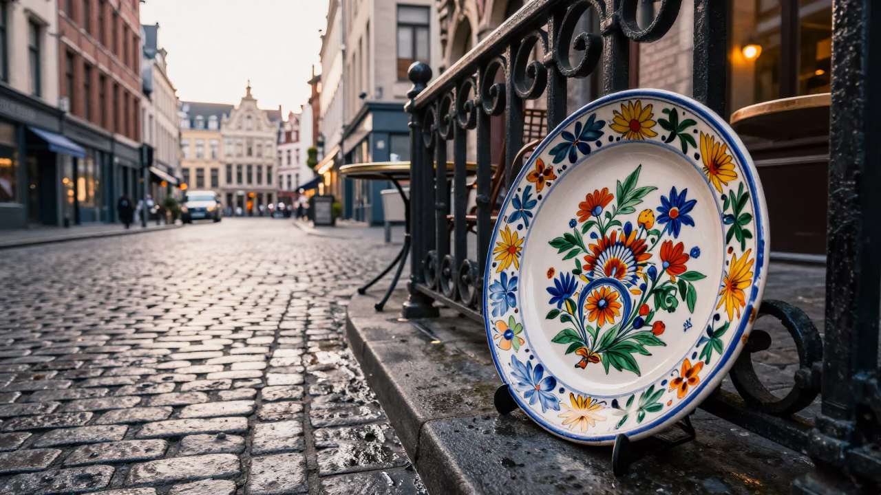 Early Morning Brussels Street Scene with Vintage Majolica Plate and Frost in in Brussels, Belgium