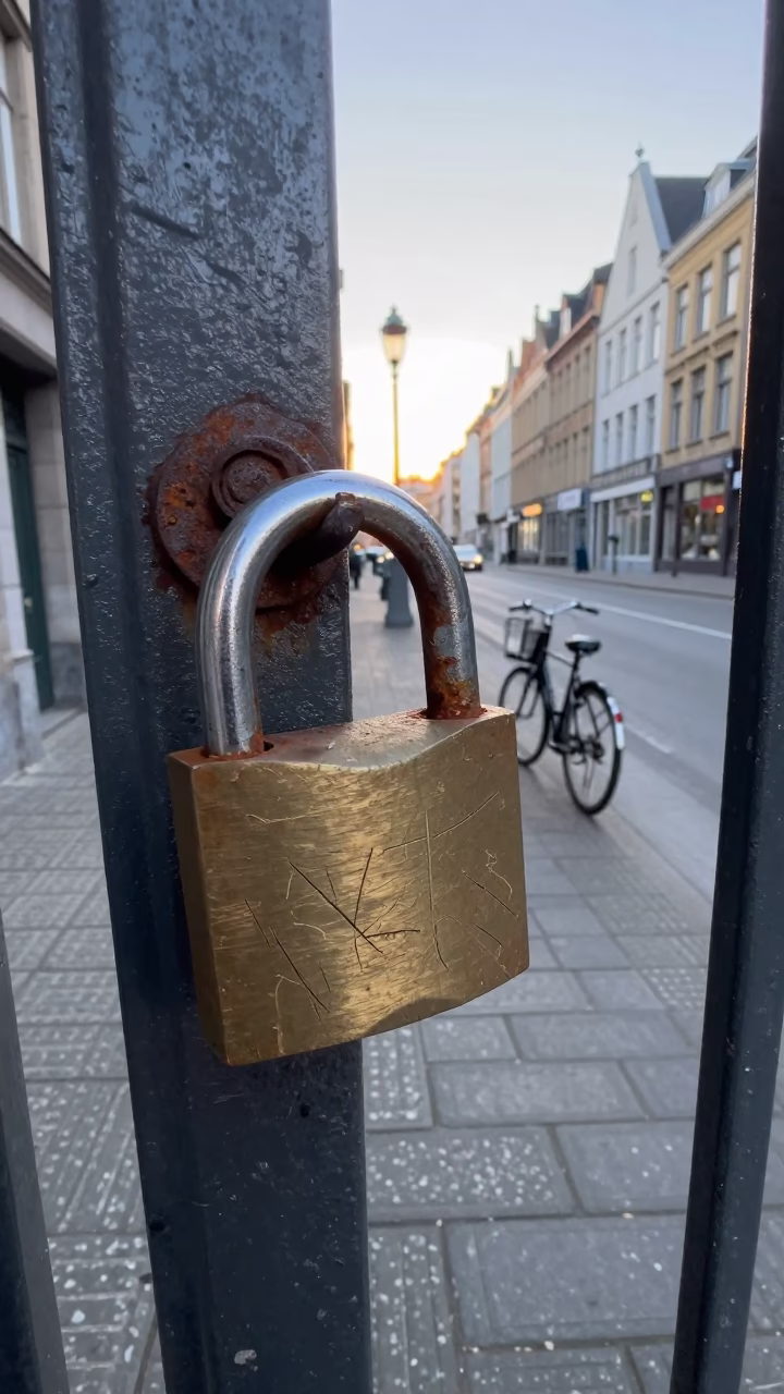 Early Morning Brussels Street Scene with Vintage Padlock and Weathered Wood Details in in Brussels, Belgium