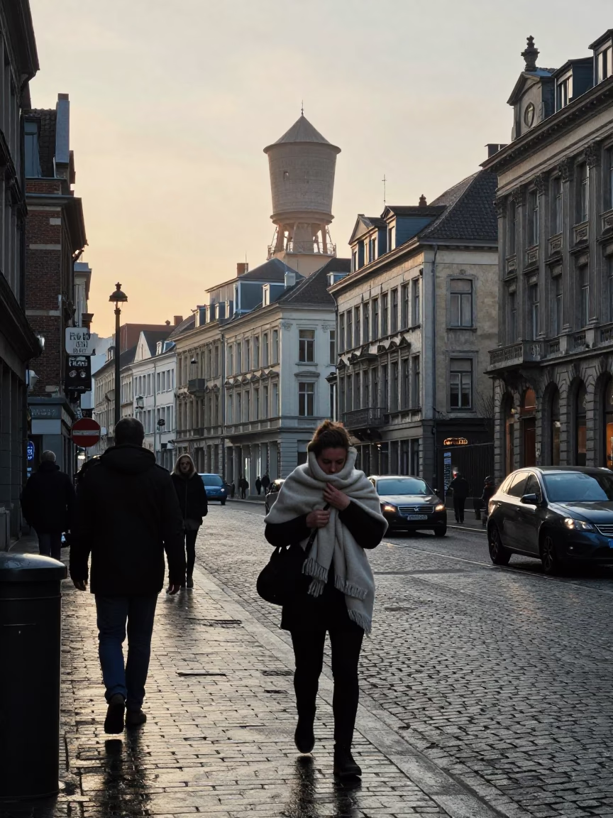 Early Morning Brussels Street Scene with Water Tower Rooftop and Wool Scarves in in Brussels, Belgium