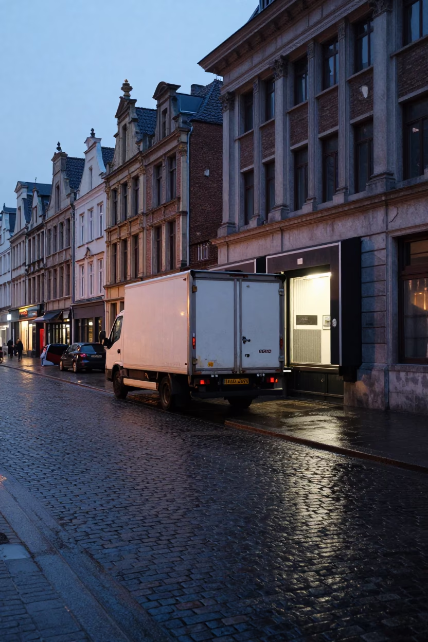 Early Morning Brussels Street Scene with Wet Cobblestones and Delivery Truck in in Brussels, Belgium