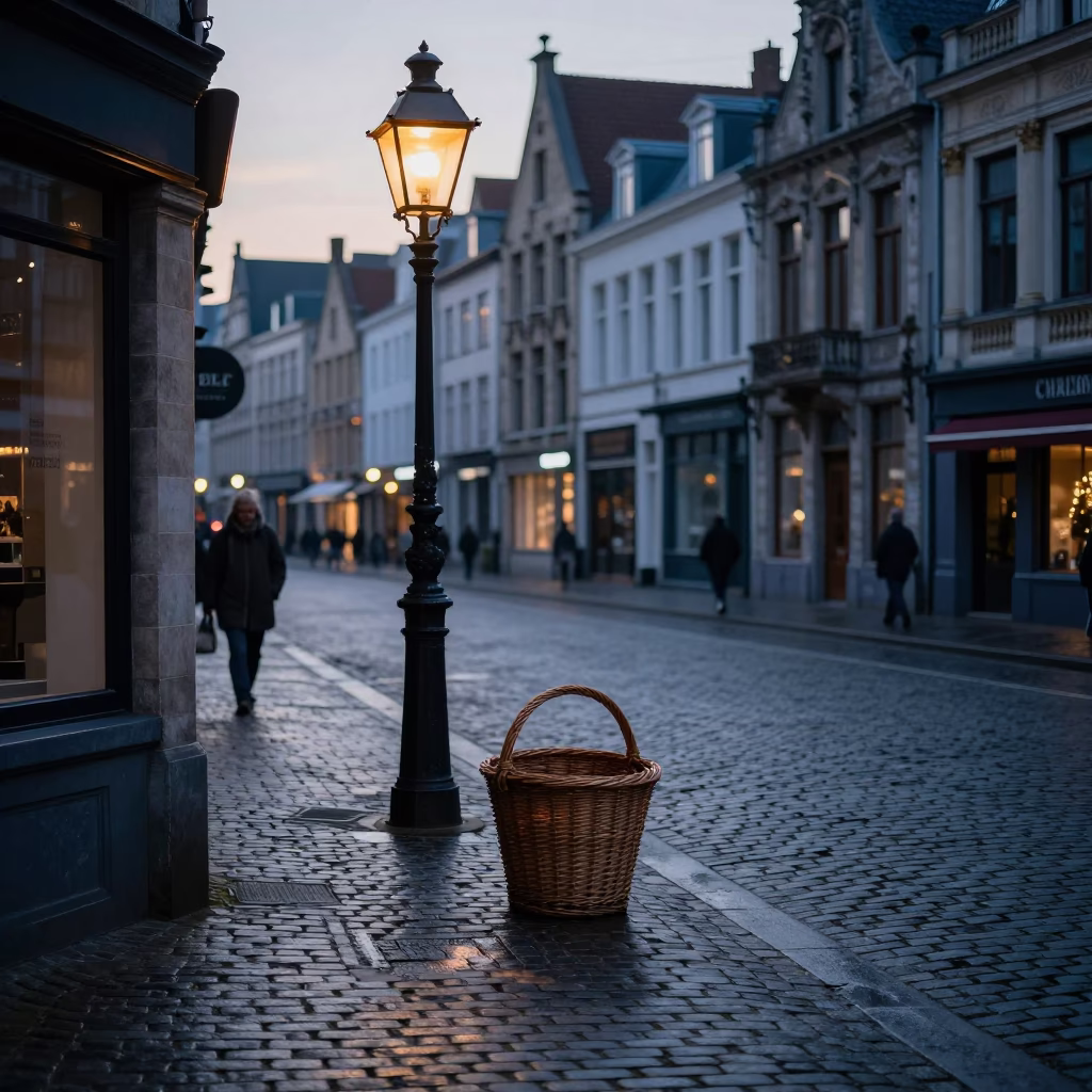 Early Morning Brussels Street Scene with Wicker Basket and Twine Fibers Before Sunrise in in Brussels, Belgium