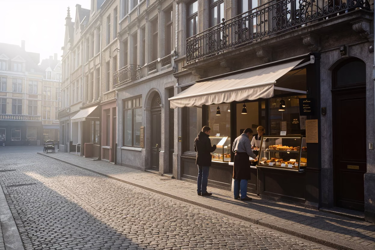 Early Morning Brussels Street Scene with Wicker Shadow and Storage Tins in in Brussels, Belgium