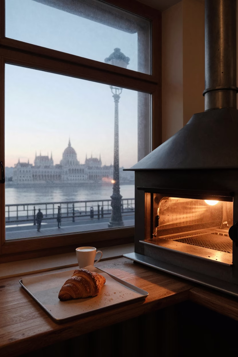 Early Morning Budapest Bakery Interior with Espresso and Viaduct Stone Details in in Budapest, Hungary