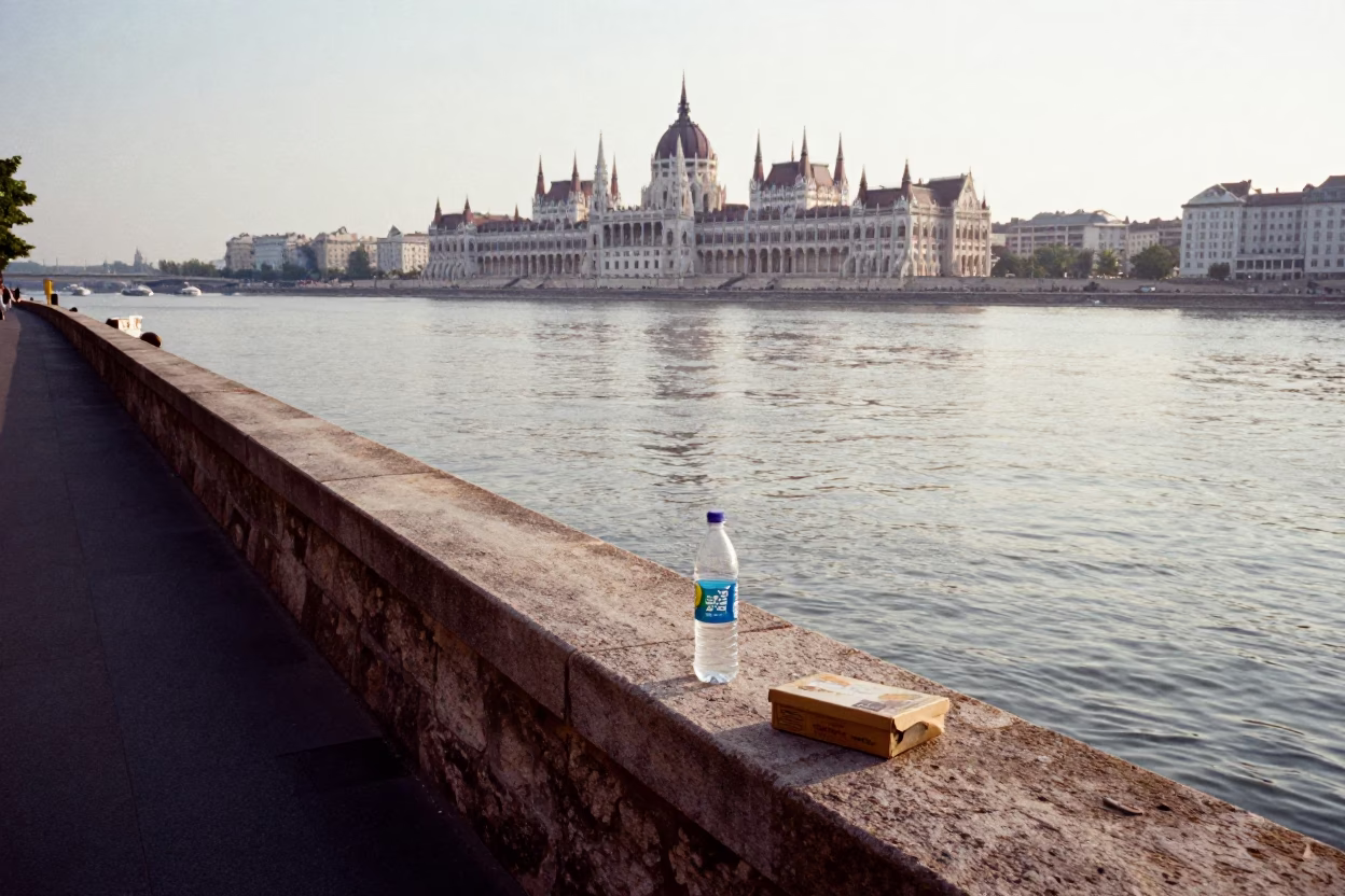 Early Morning Budapest Danube Riverbank with Water Bottle and Shoebox Near Historic Architecture in in Budapest, Hungary