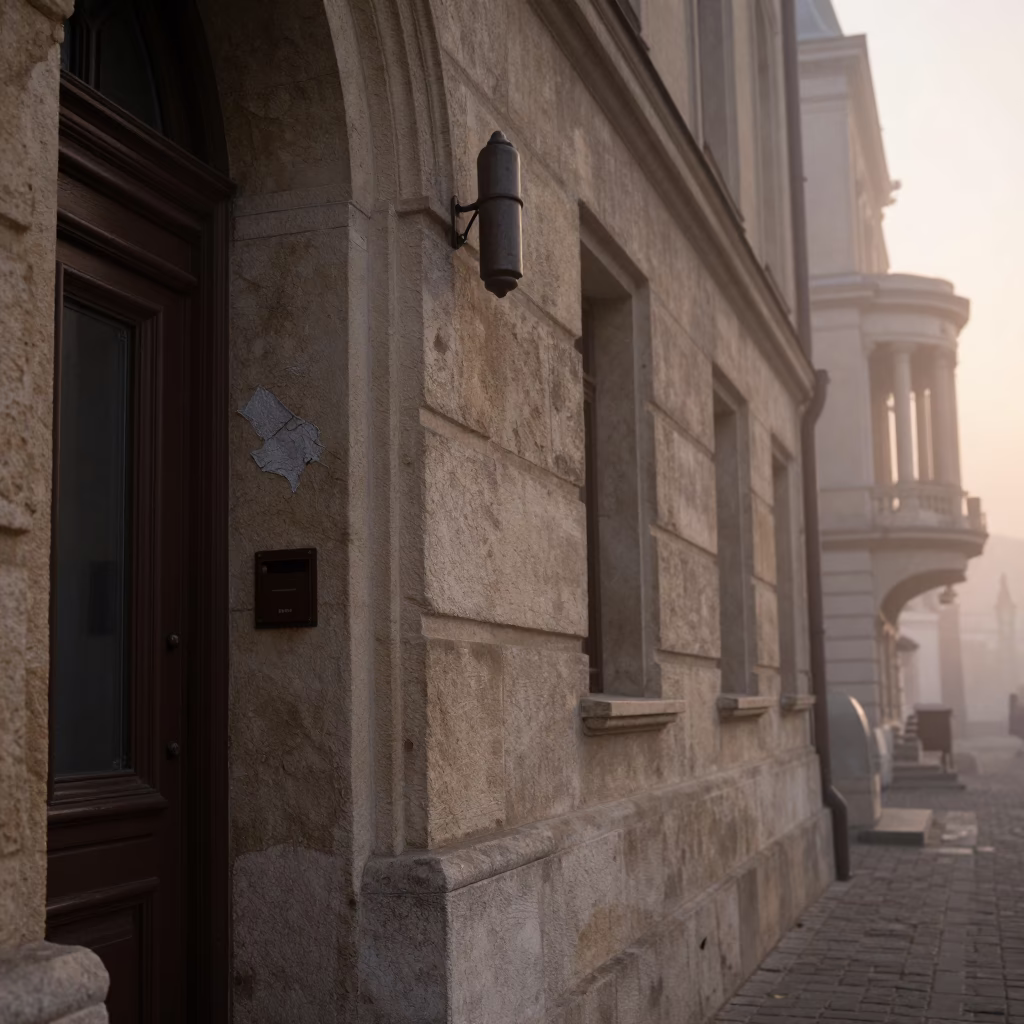 Early Morning Budapest Dawn Scene with Deadbolt and Scratched Wall Details in in Budapest, Hungary