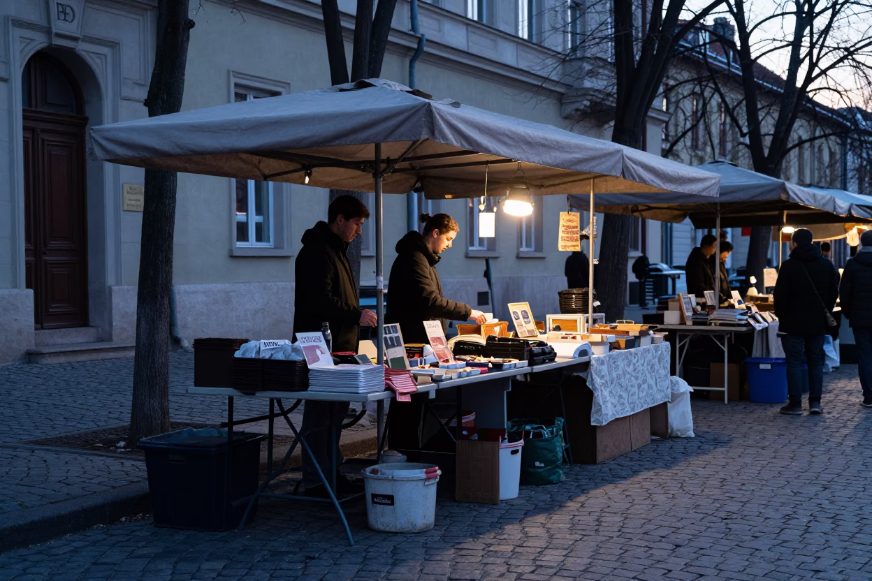 Early Morning Budapest Market Stall with Folding Tables and Coffee Tin in in Budapest, Hungary