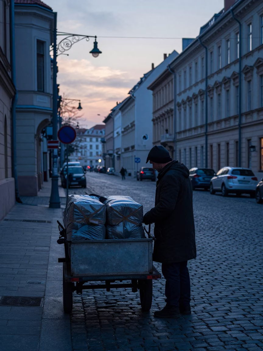 Early Morning Budapest Street Scene Before Sunrise with Insulated Crates and Clipboard in in Budapest, Hungary