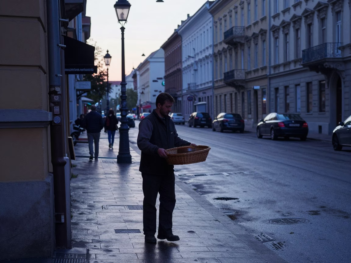 Early Morning Budapest Street Scene with Basket Tray and Doormat Before Sunrise in in Budapest, Hungary